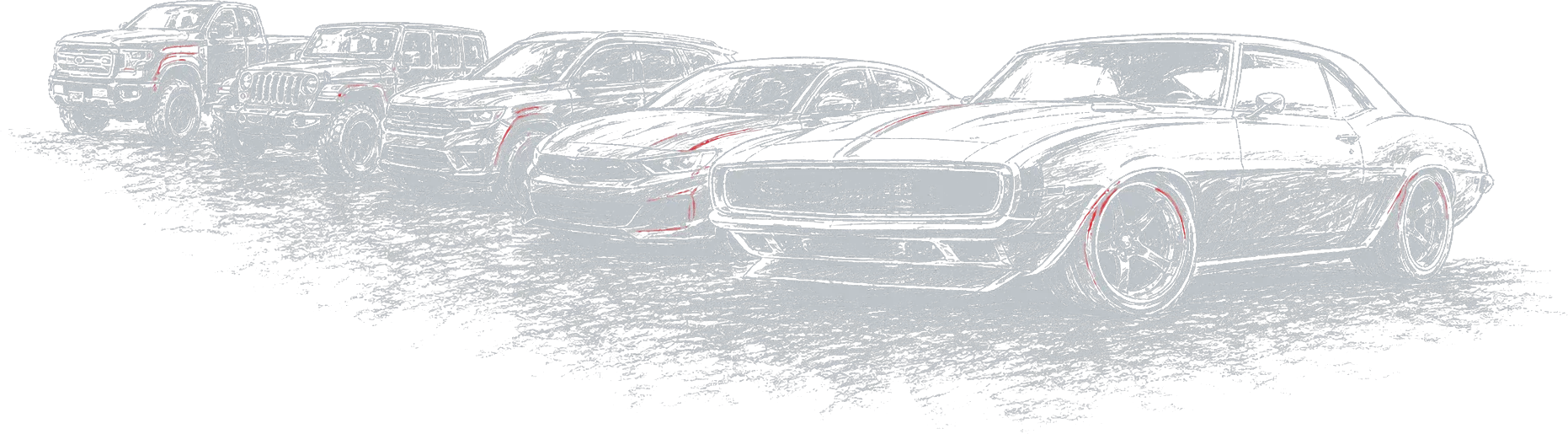 Illustrated vehicle lineup with a classic muscle car in front