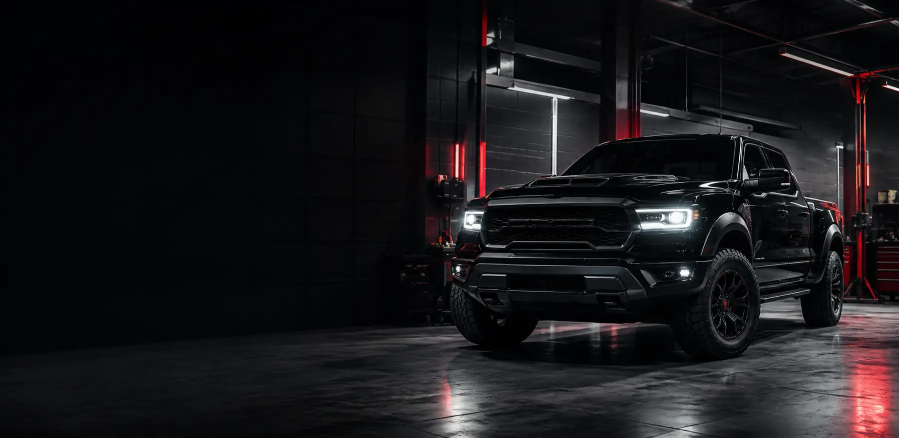 Illustrated black pickup in a dark workshop