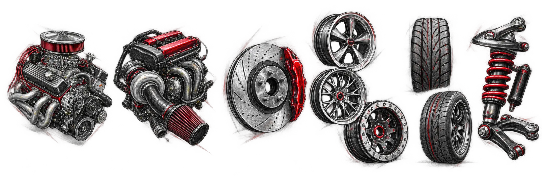 Illustrated engines, brakes, wheels, tires, and suspension components