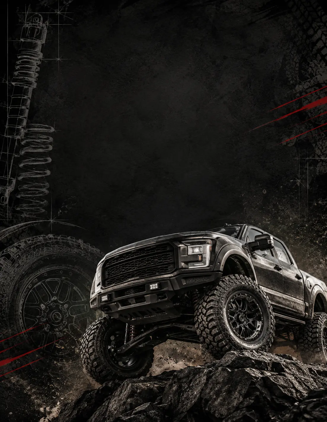 Illustrated lifted pickup with suspension sketches